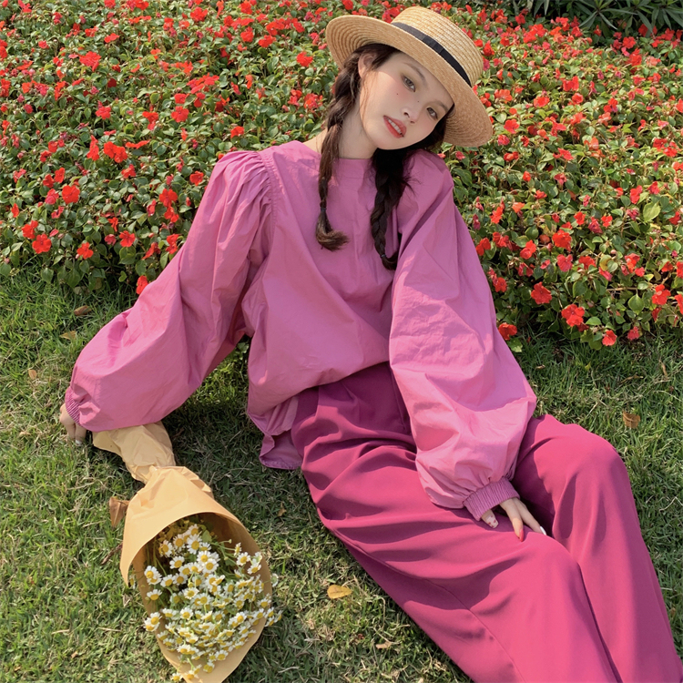 Actual shot of new solid color puff sleeve loose top for women + straight suit pants two-piece suit