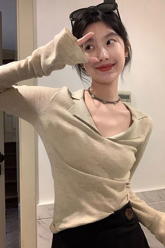 French gentle Polo collar knitted bottoming shirt for women with fat mm plus size autumn and winter lazy style autumn long-sleeved sweater