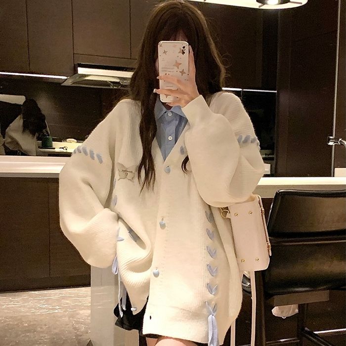 Japanese lazy niche butterfly love strap soft waxy knitted cardigan jacket for women