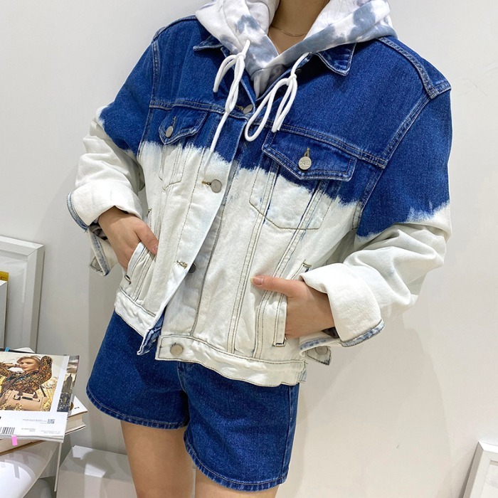 復古時髦漸變色暈染牛仔外套