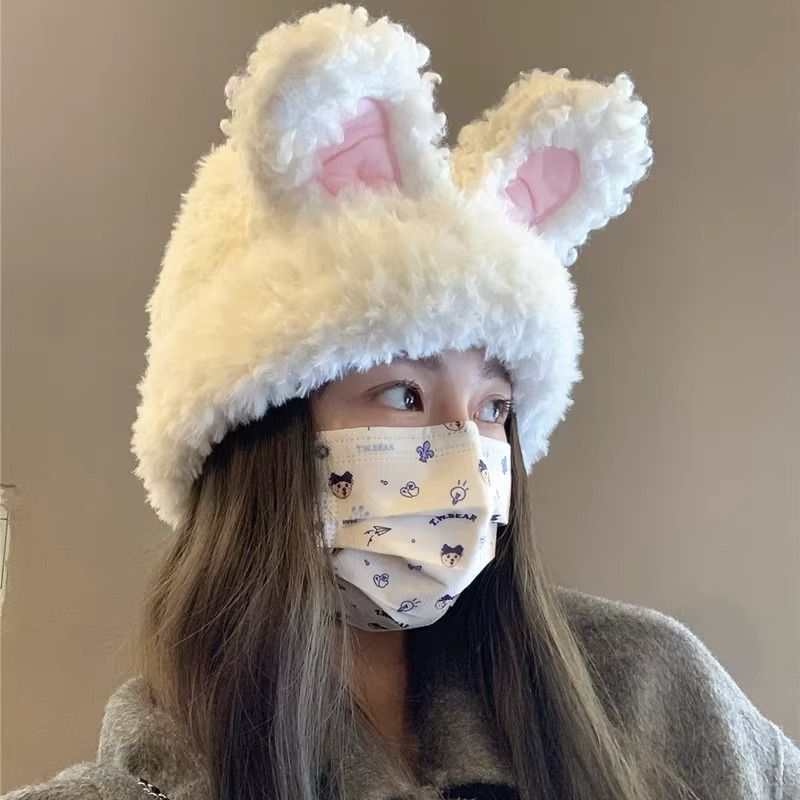 Korean cute plush bunny ears hat for women autumn and winter warm knitted hat ear protection face small cold hat baotou hat trendy