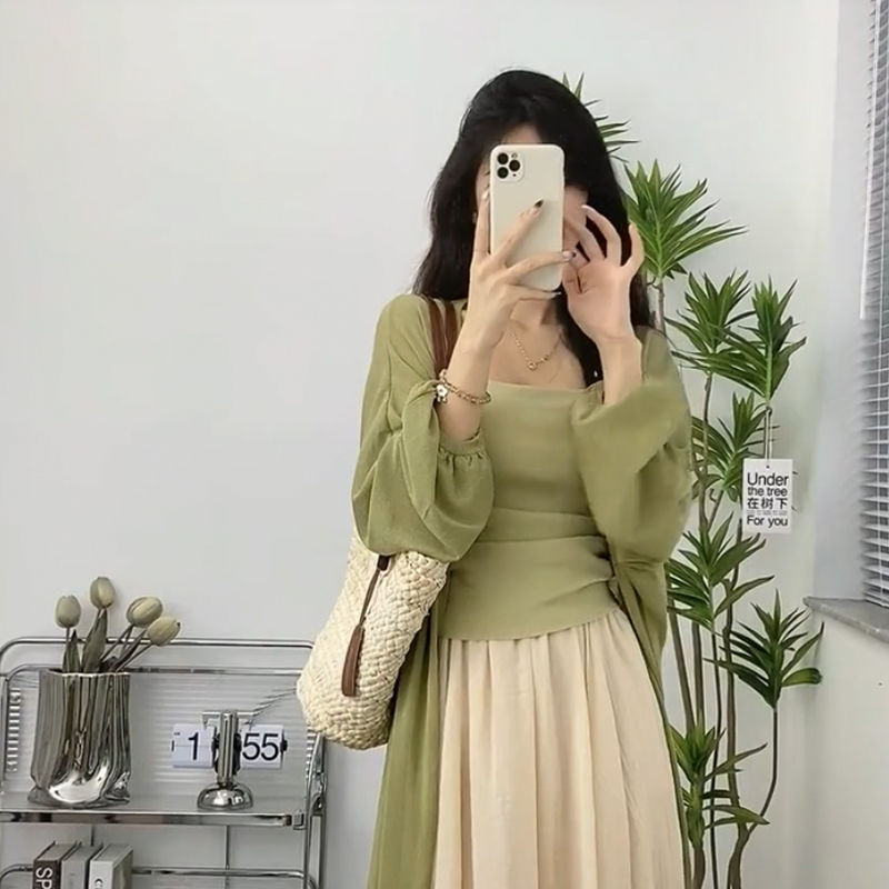 Vintage style suit, high-end French platycodon halter top and shawl three-piece set for women, 2023 summer new style