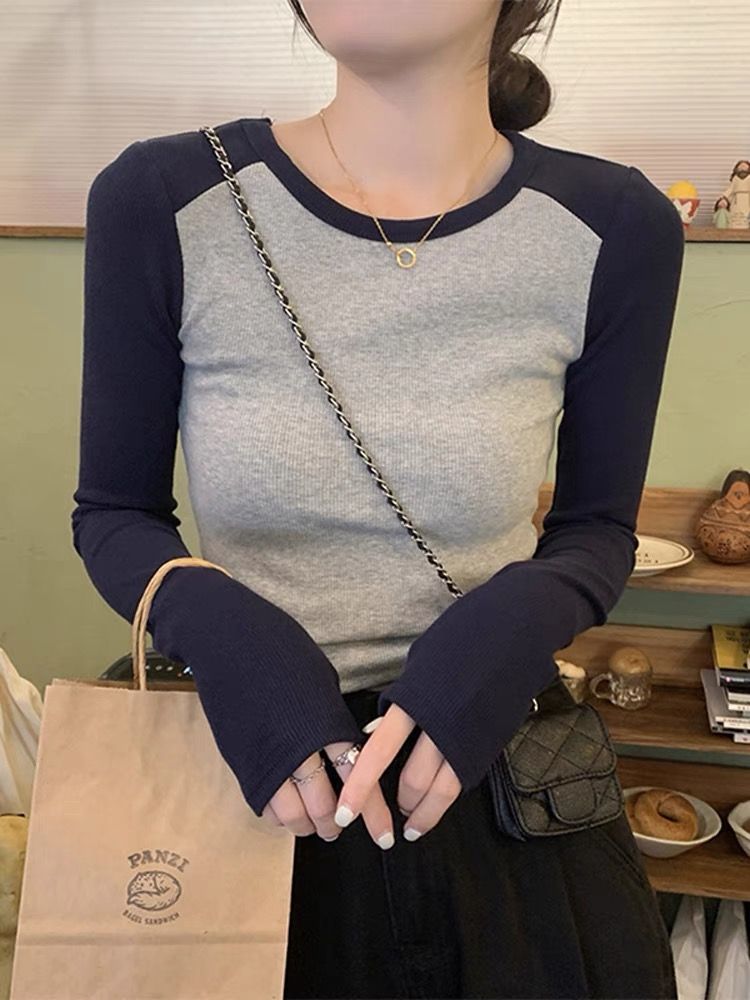 American retro right-shoulder long-sleeved T-shirt for women, spring and autumn style inner layering shirt, hot girl slim-fitting short top design