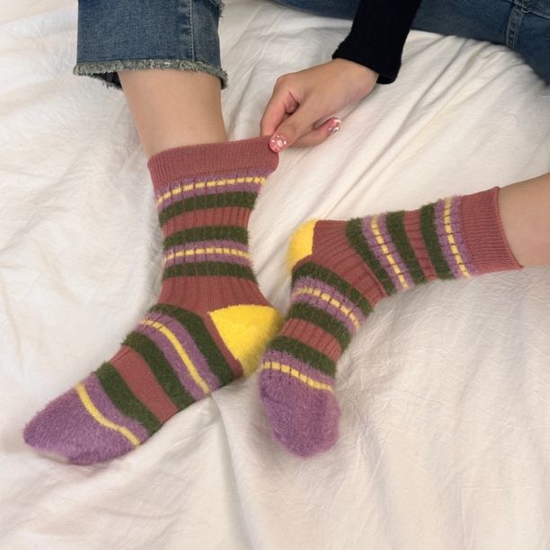 Socks women's medium stockings ins Korean style striped color block imitation mink furry women's autumn and winter