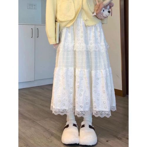 Cake morning tea Korean style spring, summer, autumn and winter sweet and gentle brushed plus velvet lace stitching cake skirt for women