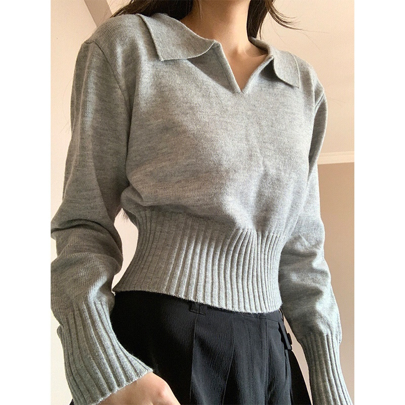 V-neck POLO knitted bottoming shirt for women in spring and autumn plus size fat mm slim fit short top design sweater ins