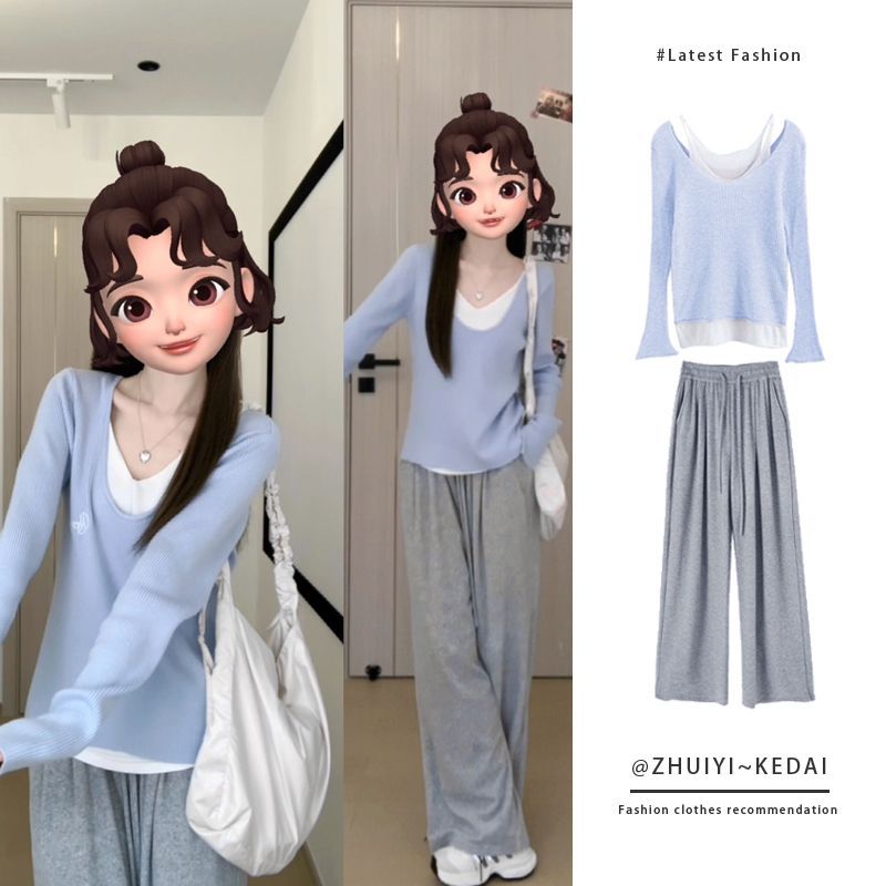 Autumn outfit for women 2023 new fake two-piece T-shirt top loose slimming pants two-piece set