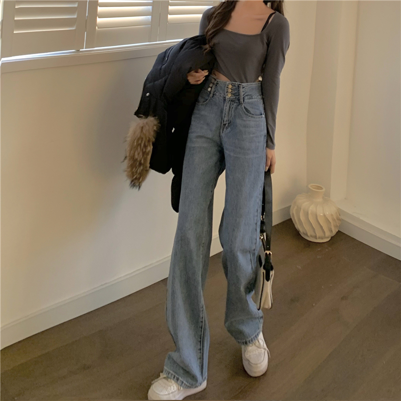 Real shot!  Fashionable Hong Kong style ins loose wide leg pants high waist retro drape floor mopping jeans