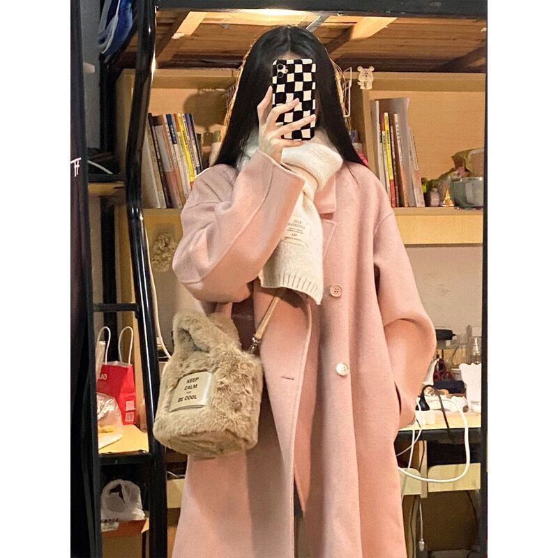Pink double-sided woolen coat for women 2023 new autumn and winter Korean style loose mid-length Hepburn style knee-length woolen coat
