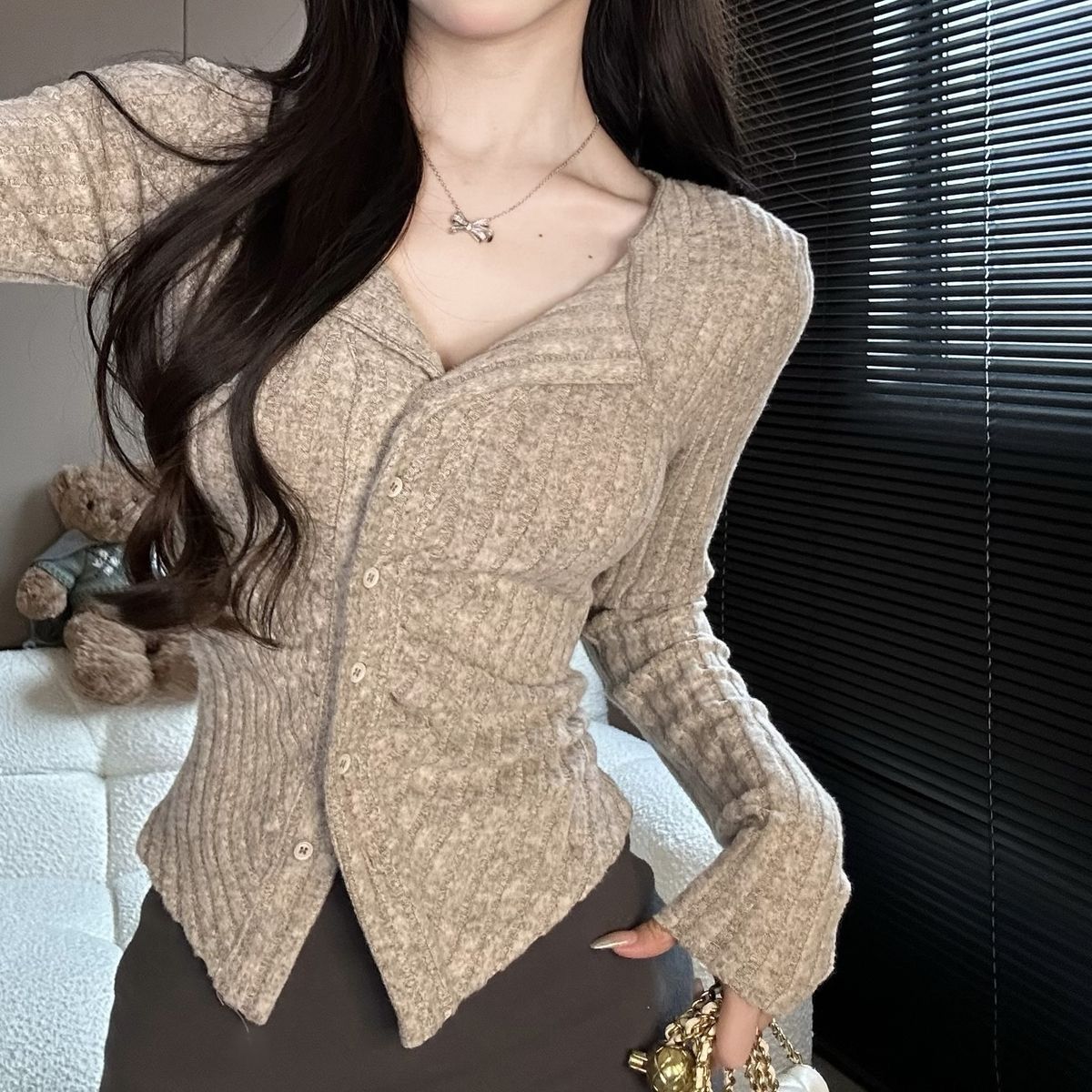 Early autumn new pure lust style lapel long-sleeved shirt knitted sweater cardigan slim slimming temperament bottoming top for women