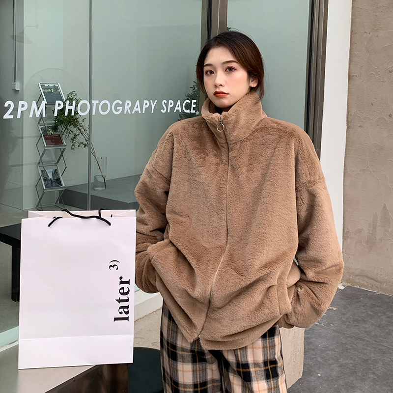 Actual shot of three standard winter Korean style new loose thickened warm plush stand collar jacket
