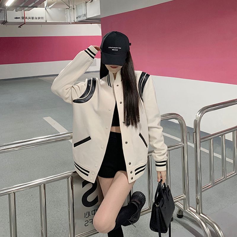 Velvet and thickened contrasting color stitching baseball jacket women's autumn and winter loose slim casual long-sleeved jacket thin top