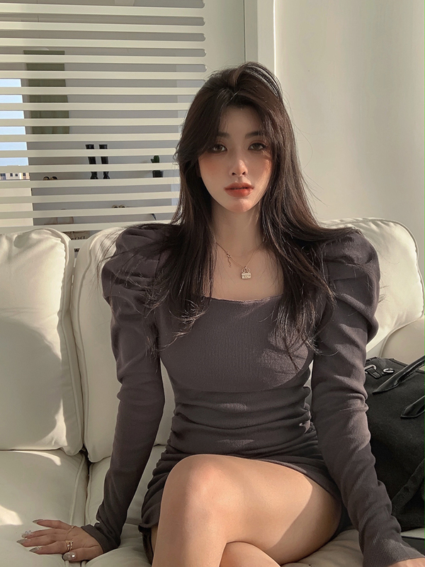 Real shot Korean version 2024 new slim fit A-line skirt high waist short skirt versatile puff shoulder dress for women