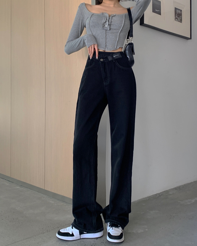 Real shot!  Fashionable and simple staggered high-waisted wide-leg trousers straight-leg drape floor-length jeans