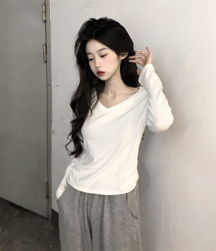 實拍 甜辣純欲純棉V領修身捏皺設計感別致顯瘦新款百搭女上衣