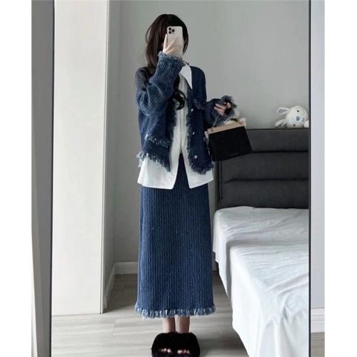 High-end raw edge long-sleeved jacket fashionable two-piece suit spring and autumn new design high-waisted half-length skirt for women