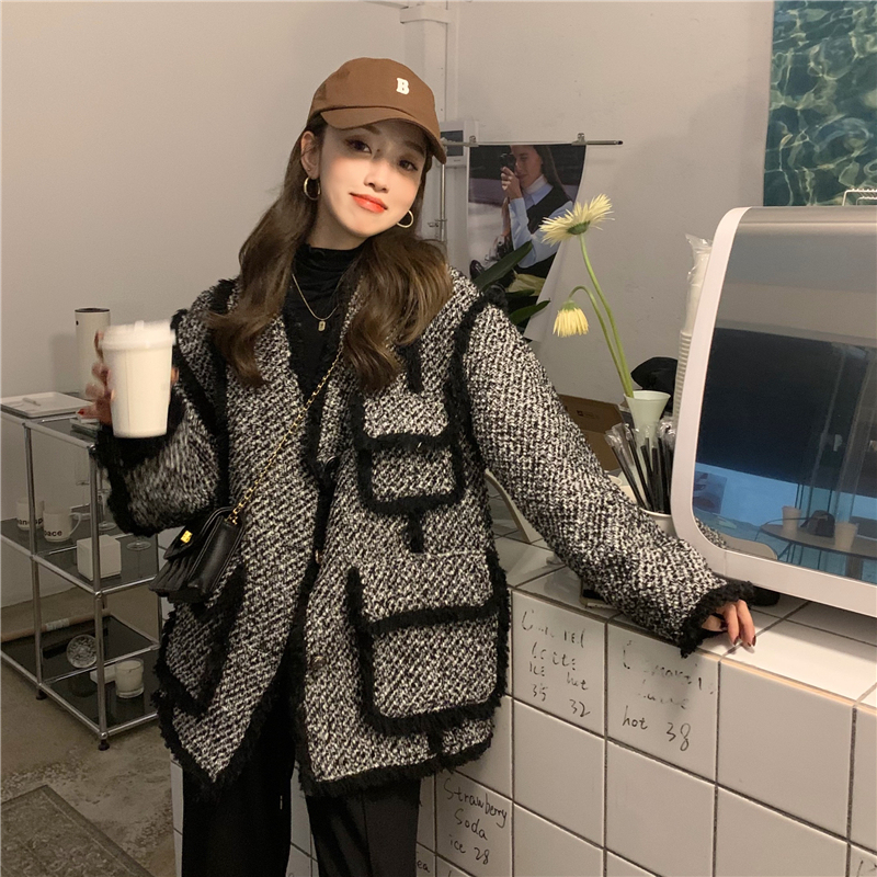 Actual shot Korean style retro style thickened houndstooth fur edge woolen coat