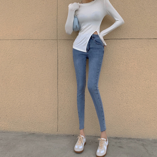 Real shot!  Fashionable Korean style chic slimming high waist jeans simple elastic pencil pants