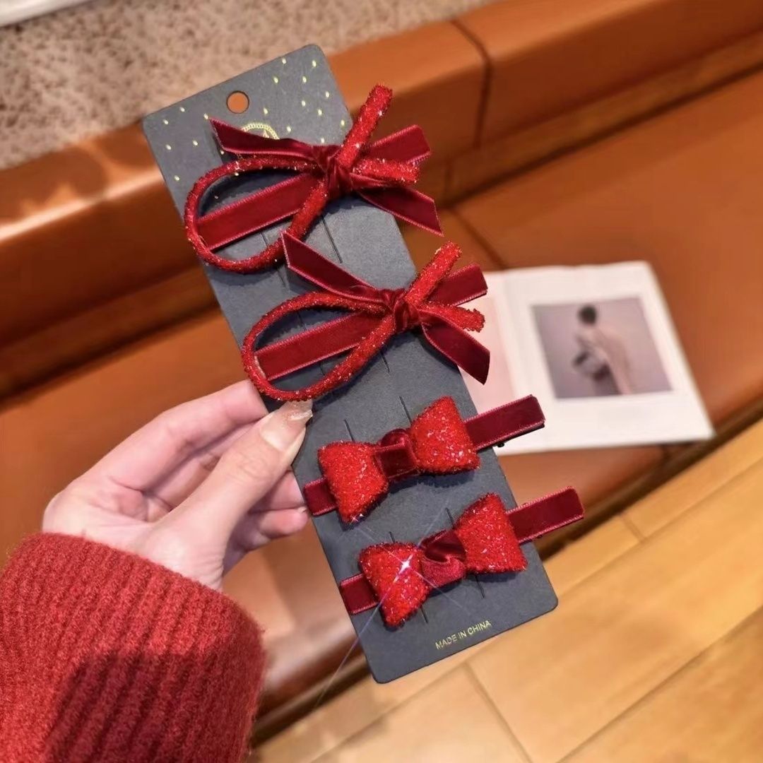Flash Diamond Bow Red Velvet Hairpin Feminine Bangs Side Clip Duckbill Clip New Year Hairpin