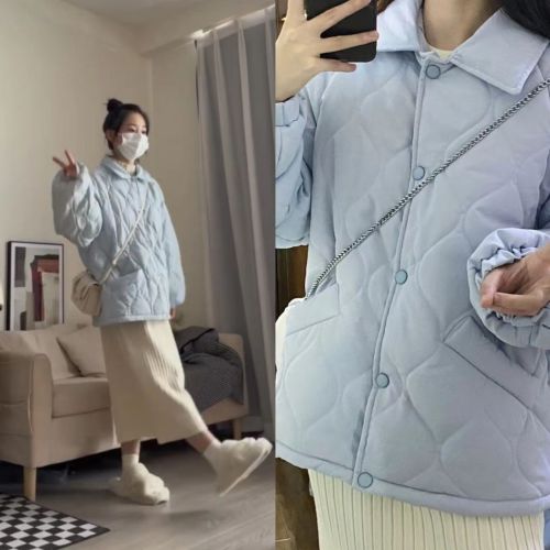 Milk blue cotton coat for women  autumn and winter new thickened warm bread coat small fresh outfit two-piece set