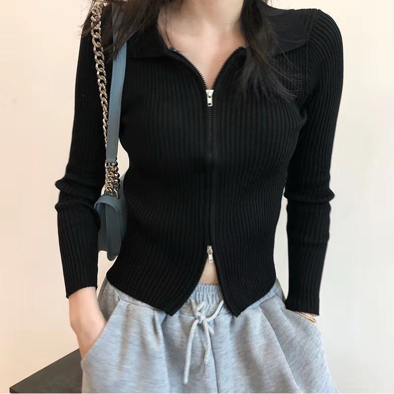 Polo collar short top thin 2023 early autumn new slim fit short double-headed zipper long-sleeved top