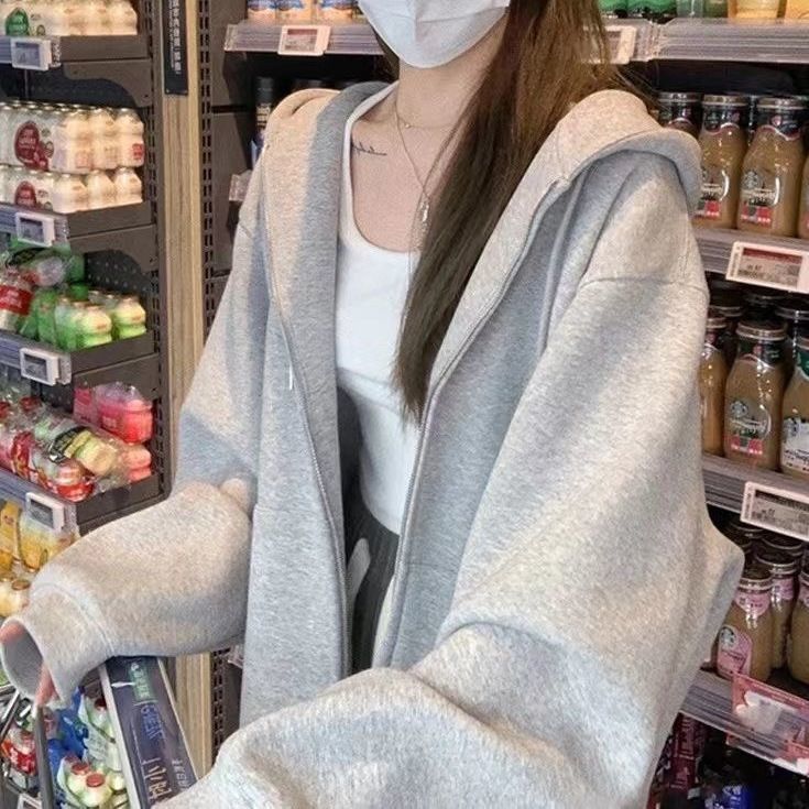 Pure cotton zipper plus velvet sweatshirt for women spring and autumn oversize hooded thin coat Korean style loose lazy cardigan trendy