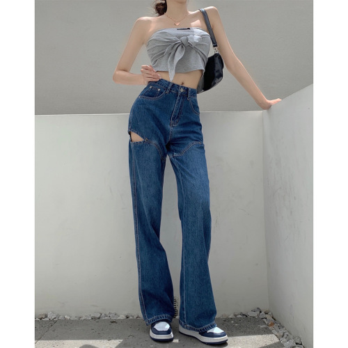 Real shot!  Fashionable hollow ripped trousers for women Korean style high-waisted retro age-reducing jeans