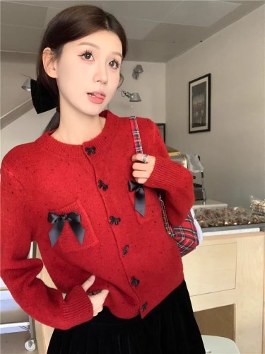 Sweet red sweater contrasting color bow cardigan coat women winter loose soft waxy single breasted sweater top