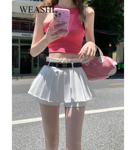 Sweet and spicy white high-waisted pleated skirt, short skirt and culottes for women, spring and summer new style, versatile and slimming A-line skirt for small people