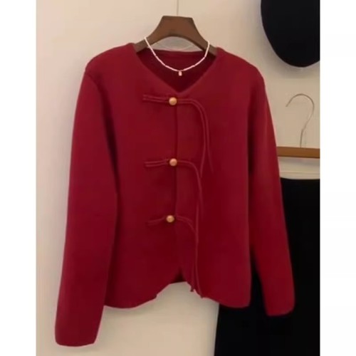 Retro New Chinese Style Disk Button Sheep Velvet Coat Chinese Style Short Jacket Women's Autumn and Winter Big Red Raccoon Velvet Sweater