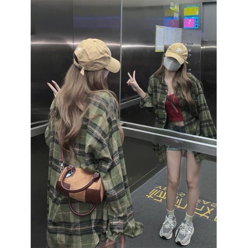 American retro green long-sleeved plaid shirt women's casual shirt 2024 autumn new jacket