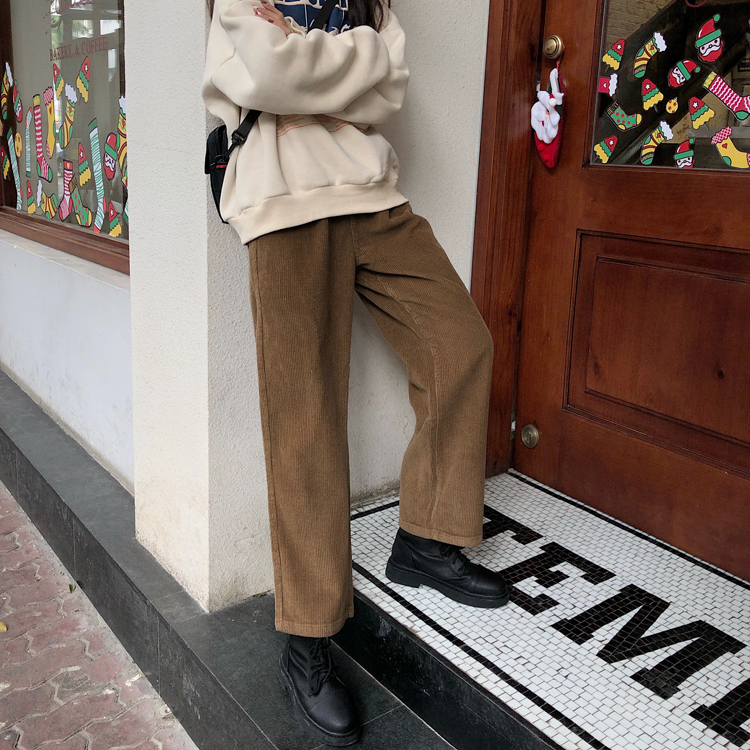 Real shot of new autumn and winter Korean style retro lazy elastic waist corduroy casual pants