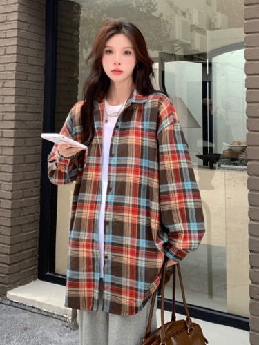 Contrast plaid shirt for women 2024 spring and autumn new long-sleeved thin shirt lazy style loose Korean cardigan jacket