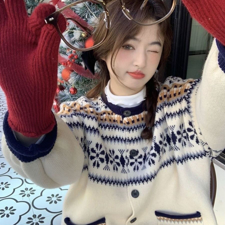 Atmosphere Jacquard Retro Christmas Sweater Cardigan Jacket New Autumn and Winter Thickened Loose Knitted Top Lazy 2024
