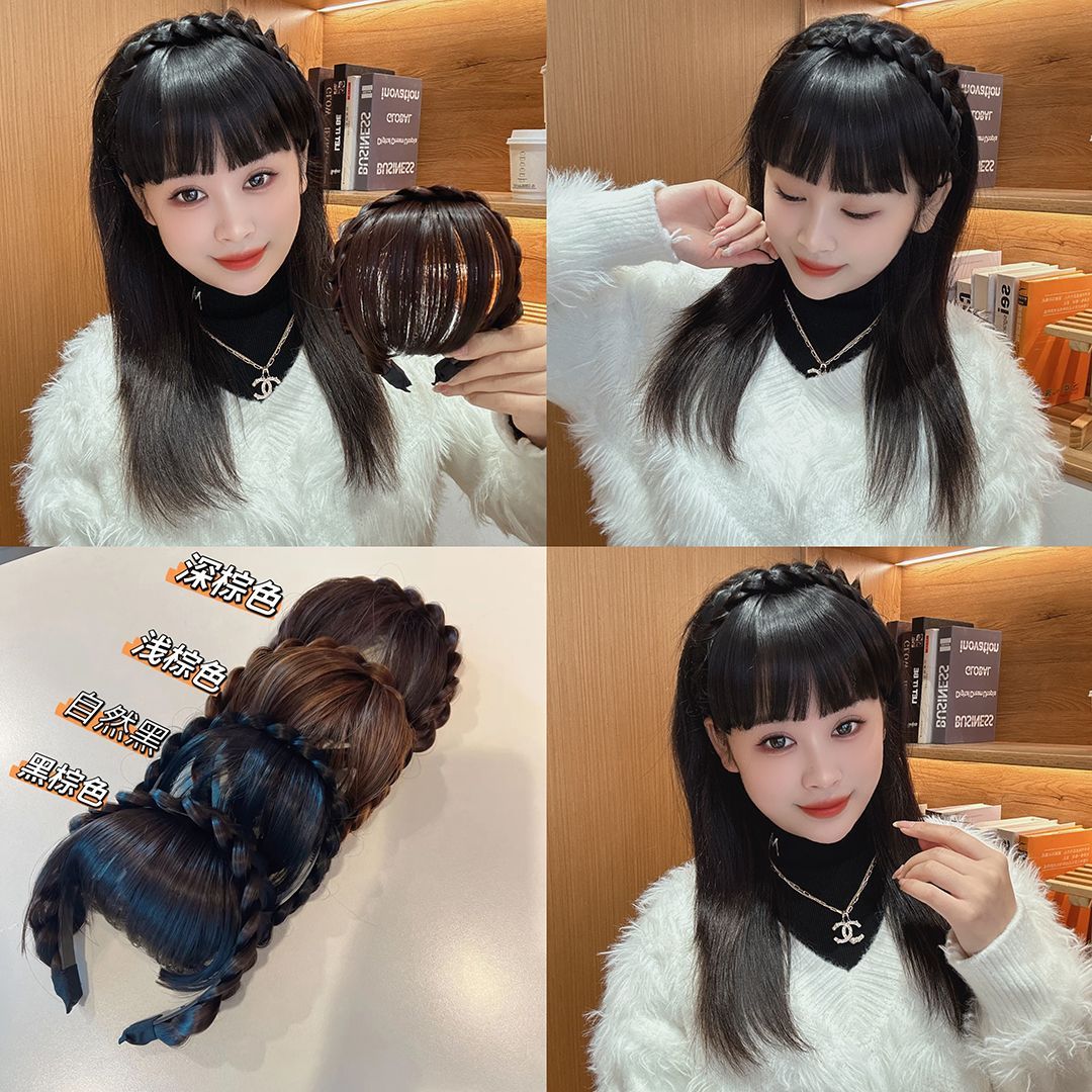 Internet celebrity popular headband with bangs, one-piece artificial hair, forehead curtain and sideburns to cover white hair and broken hair, braided headband for women