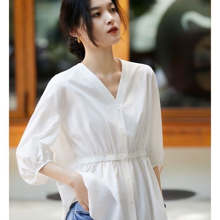 2023 Spring and Summer New V-neck White Chiffon Shirt Women's Lantern Sleeve Design Waist Slim Babydoll Top
