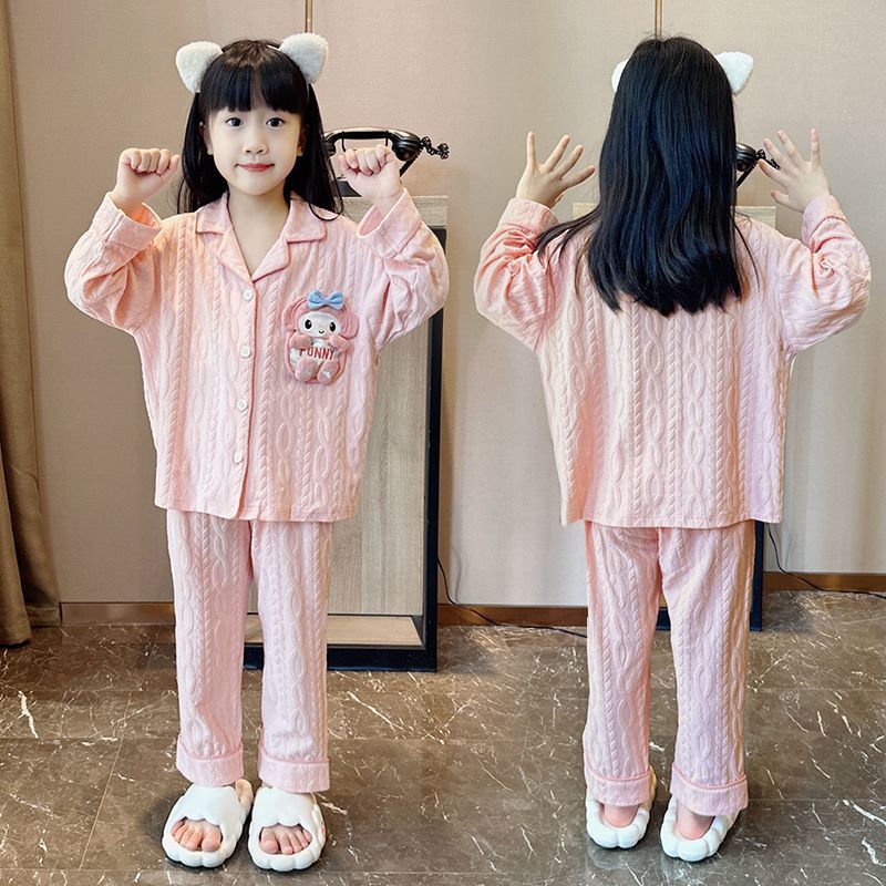 Pure cotton children's pajamas girls spring and autumn thin long-sleeved cardigan set for older children cute cartoon home clothes