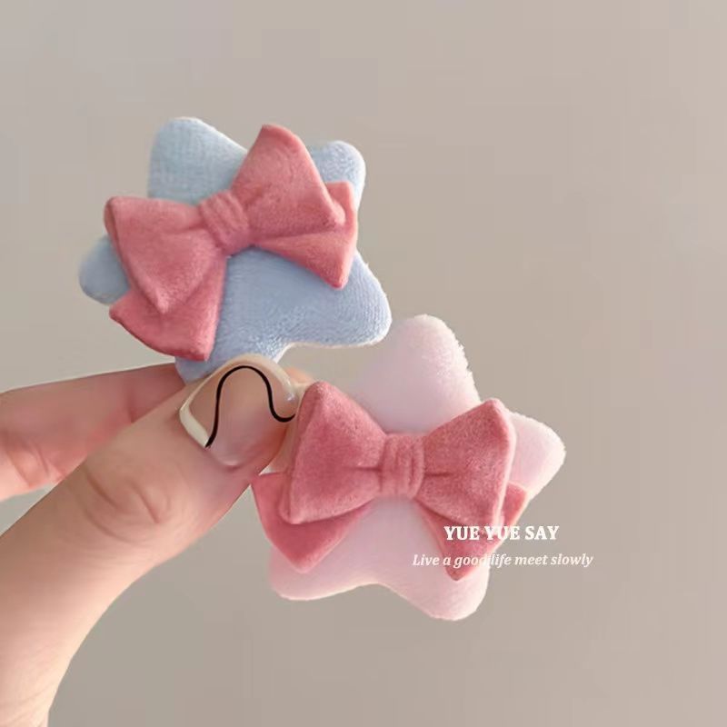 Autumn and winter sweet and cute furry pink bow star sponge hairpin niche girly bangs clip