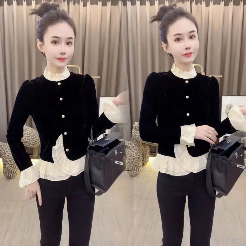 Autumn and winter high-end bottoming shirt for women, fashionable gold velvet niche cardigan, European pleated ruffled patchwork top