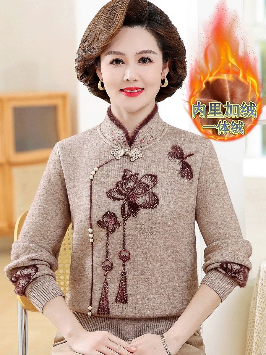 Middle-aged mother's all-in-one velvet autumn and winter thickened velvet sweater middle-aged and elderly women's cheongsam collar loose warm top