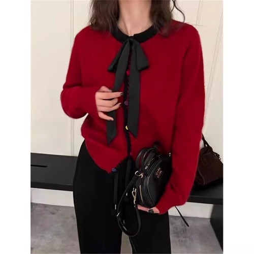 Colorful Button Bow Wool Knitted Cardigan Sweater Women's Christmas Red Winter Clothes 2024 New European Fashion Women's Clothing Trend