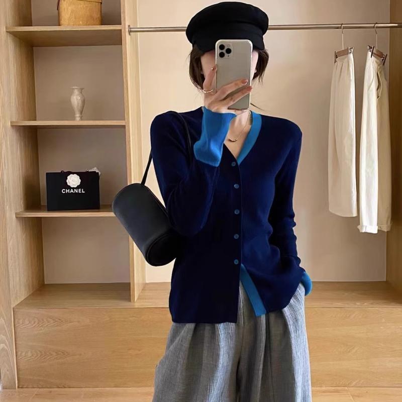 Fake two-piece color block cardigan sweater women's contrast color sweater jacket slimming 2023 spring and autumn style
