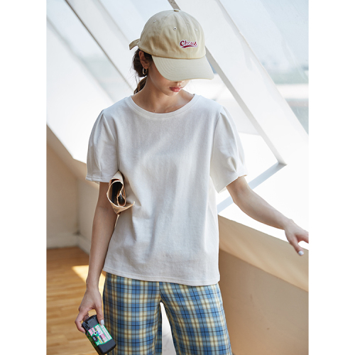 Actual shot of summer niche new student style fresh and simple solid color puff sleeve half body slimming T-shirt