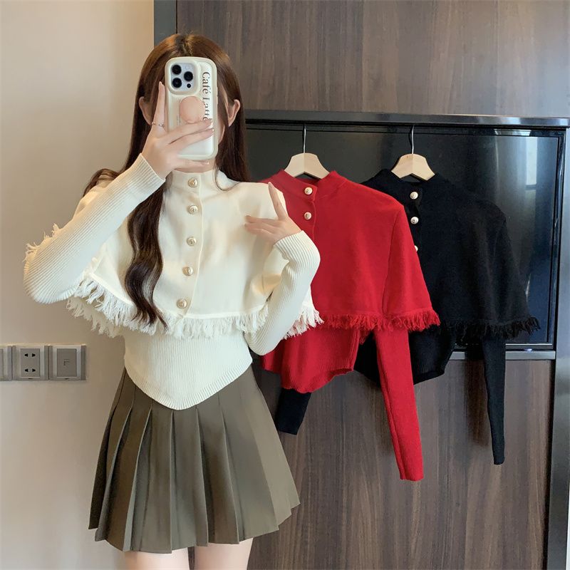 Irregular knitted bottoming shirt for women in autumn and winter, slim and stylish, long-sleeved tassel shawl sweater two-piece set