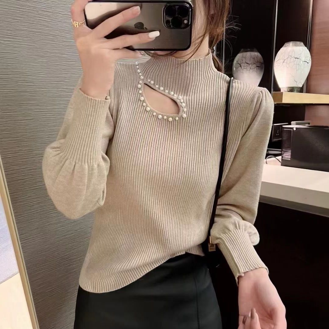 New product 2023 half turtleneck beaded sweater knitted bottoming shirt for women autumn and winter new style foreign style puff sleeve inner sweater