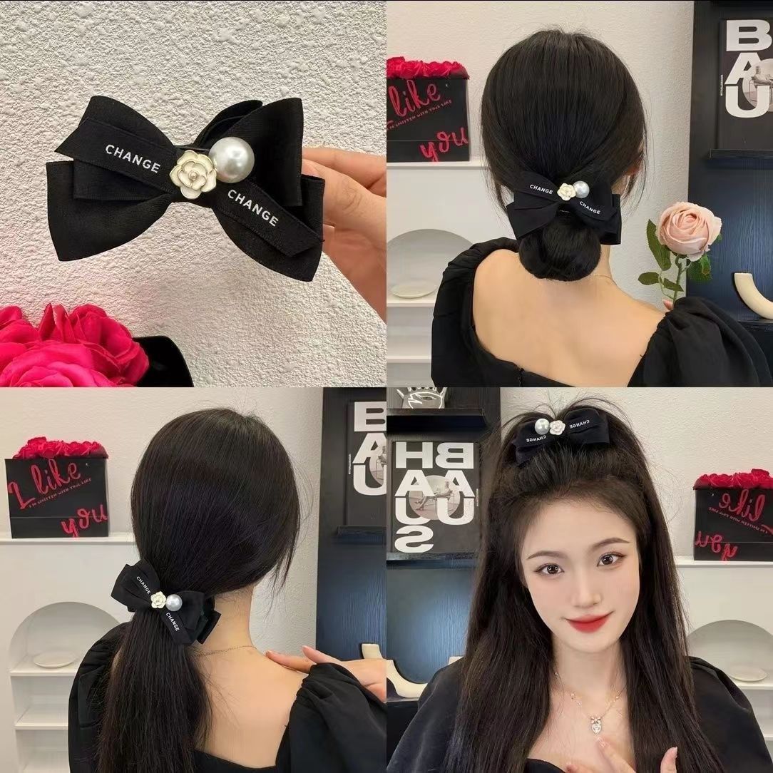 French light luxury camellia bead bow hairpin small fragrance style ball head grabber high ponytail headdress