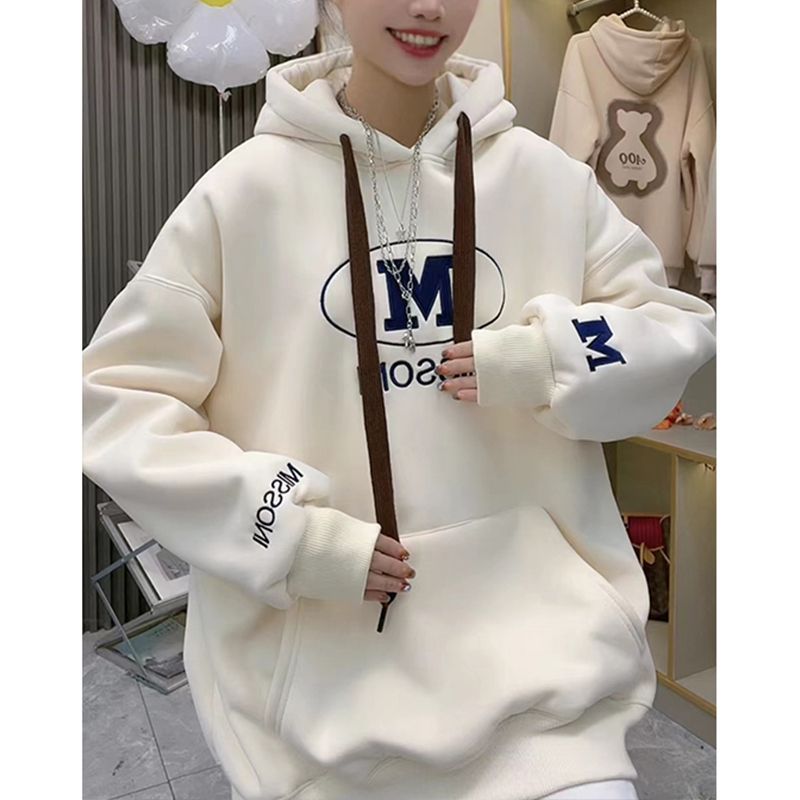 2023 Winter velvet thickened embroidered M letter sweatshirt for women loose pocket hoodie