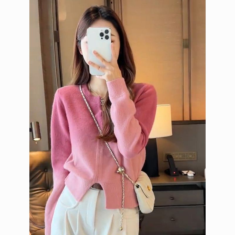 Pink gradient V-neck pullover long-sleeved knitted sweater for women 2023 new autumn and winter lazy style knitted sweater top