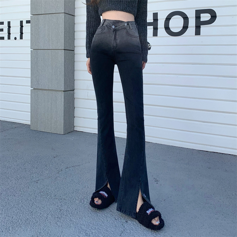 實拍 新品不規則復古長褲開叉彈力微喇叭牛仔褲女