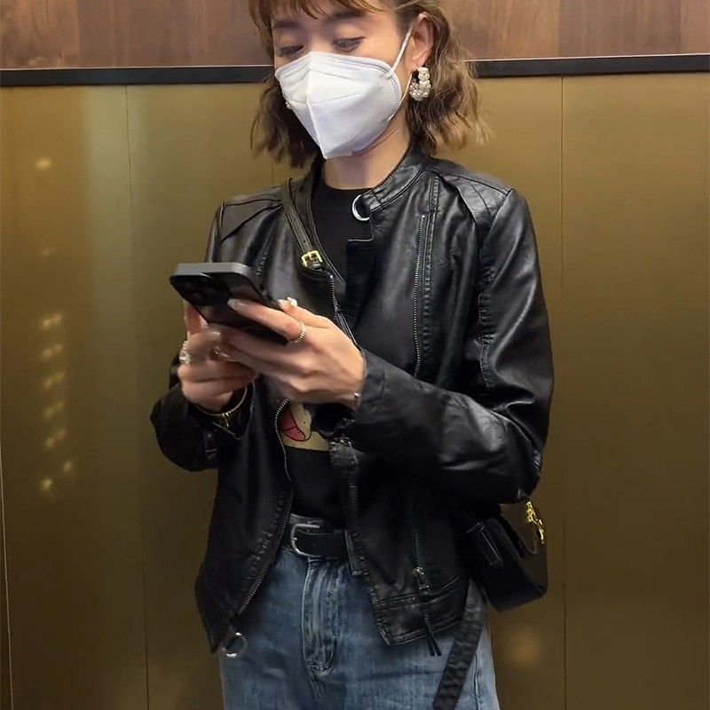 Leather jacket women's 2023 spring and autumn new Korean style slim short black motorcycle jacket fashionable leather jacket